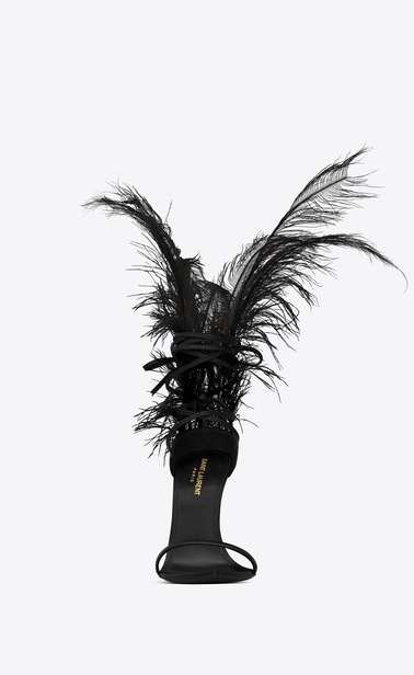 SAINT LAURENT Majorelle Woman IRIS 105 sandal in black leather and black ostrich feathers b_V4